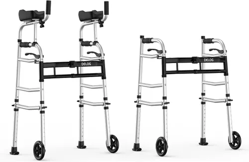 Vista 7 de Delog Andador plegable para personas mayores, andador de plataforma con ruedas de 5 pulgadas y reposabrazos acolchados extraíbles de 350 libras