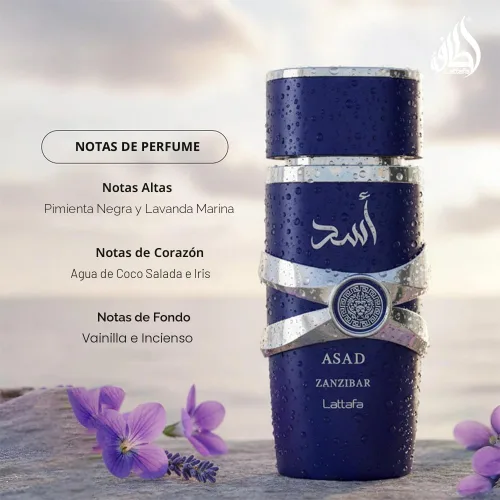 Vista 4 de Lattafa Asad Zanzibar - Fragancia duradera de perfume Eau de Parfum fresca, especiada, vainilla, coco para hombres, 3.40 onzas / 100 ml