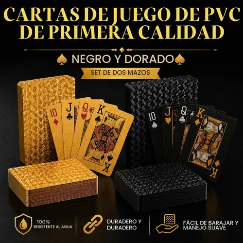 Vista 2 de 10 Paquetes de Cartas de Juego - 5 Negras 5 Doradas HD, 54 Cartas de Póquer Estándar de Plástico Impermeable para Fiestas Familiares Negro y dorado
