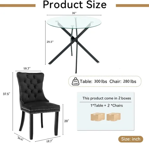 Vista 3 de Juego de mesa de comedor SSLine moderno de 3 piezas con mesa redonda de vidrio para 2, lujosa mesa de comedor circular de 36" con tapa de vidrio