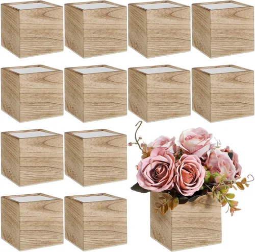 Vista 10 de Suzile Juego de 12 Cajas Plantadoras de Madera de 5 Pulgadas Jarrones Cuadrados de Flores para Centro de Mesa Caja Plantadora Cúbica Rústica