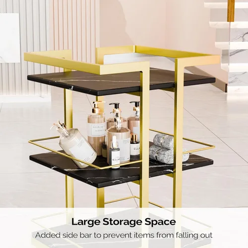 Vista 4 de Carrito de esteticista con ruedas, carrito rodante utilitario para salón, organizador de almacenamiento móvil negro dorado para belleza, spa