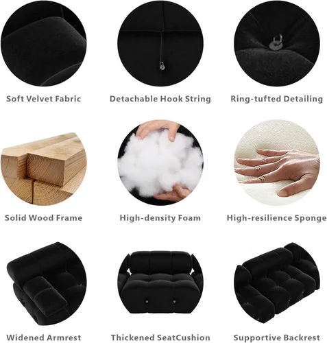 Vista 3 de JACH Sofá Seccional Modular Negro, 104" Sofás de Terciopelo Minimalistas de Estilo Mediados de Siglo, Cómodo Sofá Convertible de Asiento Profundo