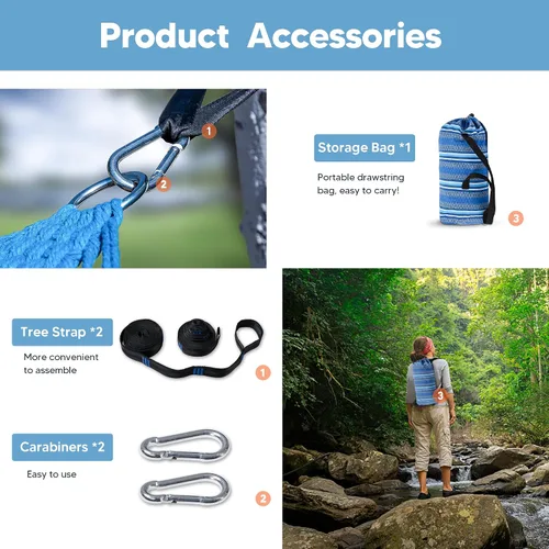 Vista 6 de SUNCREAT Hamacas Hamaca Doble con Barra Separadora Curva, Hamaca Portátil para Exteriores con Bolsa de Transporte y Correas para Árboles para Azul
