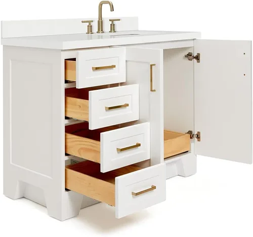 Vista 4 de ARIEL Taylor - Lavabo de baño individual de 43 pulgadas en blanco, parte superior de cuarzo con borde de 1.5 pulgadas, madera maciza, fregadero