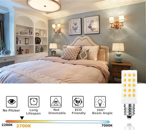 Vista 2 de Bombillas LED E12 C7, equivalente a 5 W equivalentes a bombillas halógenas de 50 W, base de candelabro E12 T4, 2700 K blanco cálido sin parpadeo