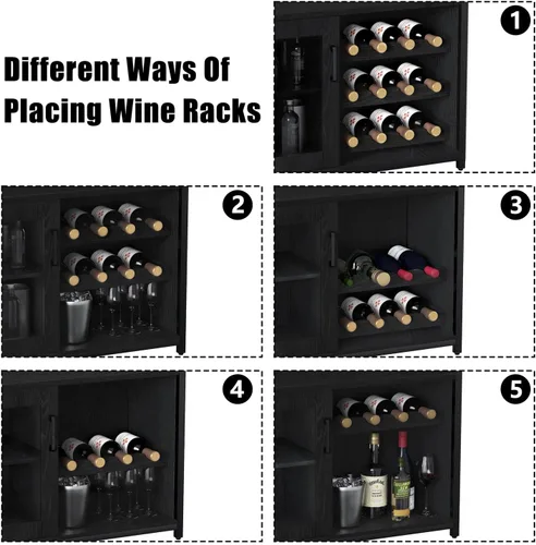 Vista 6 de IDEALHOUSE Armario de bar de vinos de 3 niveles con estante y cajón desmontable para vinos, aparador industrial y gabinete de buffet con soporte