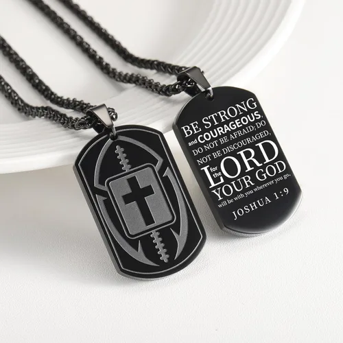Vista 4 de Football Cross Dog Tag Necklace for Son Men Boys Stainless Steel Bible Verse Pendant Sports Communion Confirmation Religious Baptism Jewelry Gifts