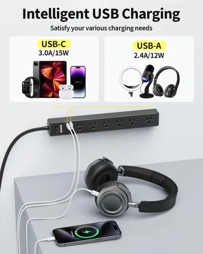 Vista 4 de Regleta protectora de sobretensiones de 10 pies, 7 tomacorrientes, 4 puertos USB (2 USB C), cable de extensión plano ultrafino y enchufe plano, 1700