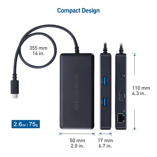 Vista 7 de Cable Matters [Funciona con certificado Chromebook] 4K @60Hz USB C Hub HDMI, adaptador multipuerto USB-C con HDMI, 2X USB3.0, Gigabit Ethernet y PD