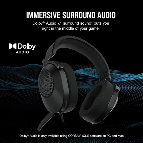 Vista 3 de Auriculares con cable para juegos multiplataforma Corsair HS65 Surround – Dolby Atmos – SonarWorks SoundID – Compatible con iCUE – PC, Mac, PS5