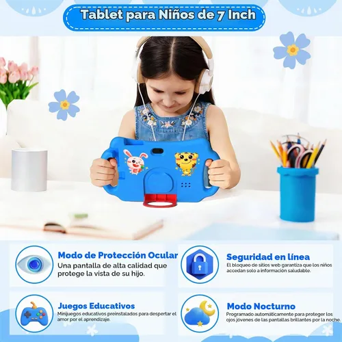 Vista 4 de Tableta para niños de 7 pulgadas Android 12.0 para niños pequeños, 4 GB de RAM 32 GB ROM Bluetooth IPS Pantalla Control Parental Dual Cámara a Azul
