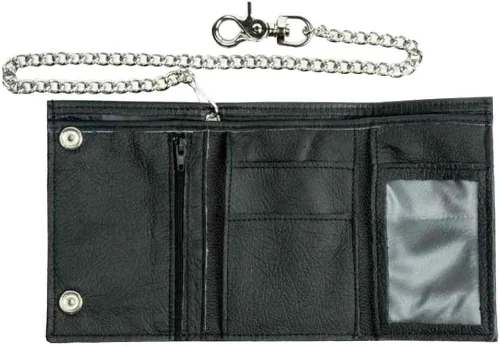 Vista 2 de Billetera de cuero genuino para hombre, tejido XL Tri-Fold Biker Chain, negro BK337