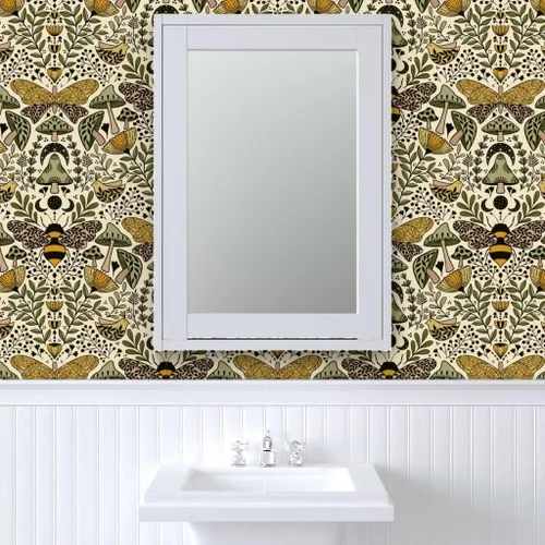 Vista 9 de Muestras de papel tapiz autoadhesivo - Nouveau Naturaleza Verde Amarillo Mariposa Naturaleza Bosque Plantas Art Nouveau Polilla Bohemia Abeja