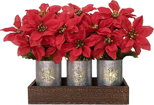 Vista 7 de Flores de Pascua artificiales de Navidad con luces LED, centro de mesa de Navidad rojo en macetas y caja de madera para decoración