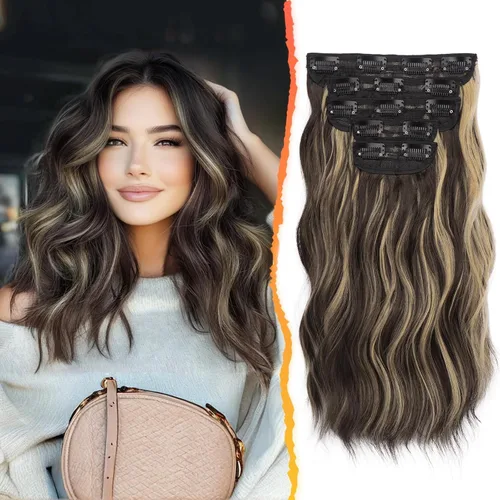 Vista 26 de BARSDAR Extensiones de cabello ondulado con clip negro marrón - 14 pulgadas, extensiones de cabello corto ondulado con clip para mujer - 5 piezas