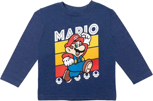 Vista 2 de Super Mario Paquete de 2 camisetas gráficas de manga larga para niños pequeños, rojoazulgris