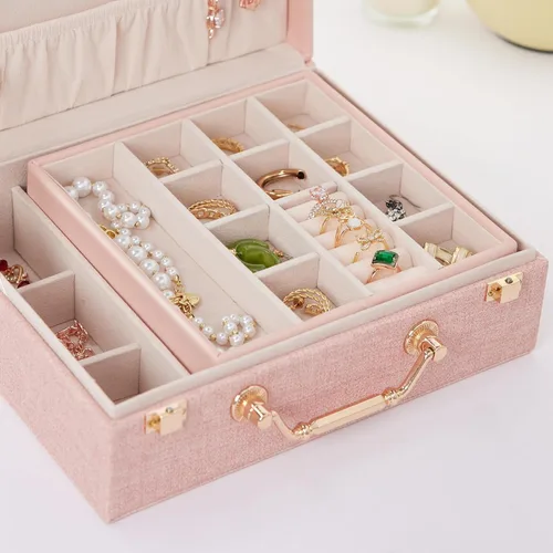 Vista 5 de Joyero portátil para mujeres y niñas con piel sintética, caja organizadora de aretes con espejo de maquillaje para regalos de Navidad y Año Nuevo