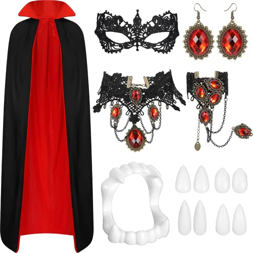 Vista 10 de Ramede Juego de 14 piezas de disfraz de vampiro de Halloween con capucha, máscara, aretes, gargantilla, pulseras de tatuaje, colmillos de cicatriz