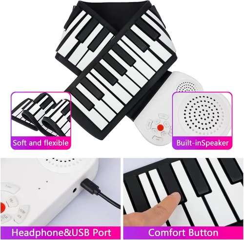Vista 2 de Piano enrollable de 49 teclas con bolsa de transporte, 8 tonos diferentes, batería de litio recargable incorporada, altavoces integrados de 2 W