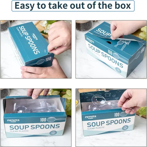 Vista 5 de Cucharas de sopa de plástico, cubiertos transparentes pesados, utensilios desechables para suministros de fiesta, paquete de 100