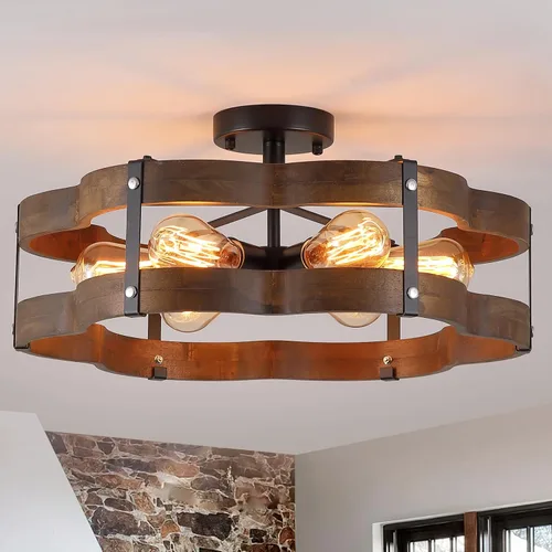 Vista 9 de 4-Luz Rústica Lámpara de Techo de Granja de Madera con Montura Empotrada 14.17 Pulgadas de Madera de Roble y Metal con Jaula de Nubes Semi Empotrada