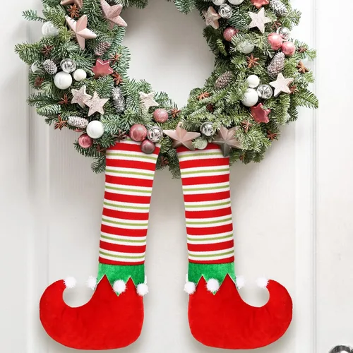 Vista 5 de 6 patas de elfo de Navidad, púa de botas, rayas con purpurina, patas rellenas de elfo con alambre fijo, decoraciones colgantes para árbol
