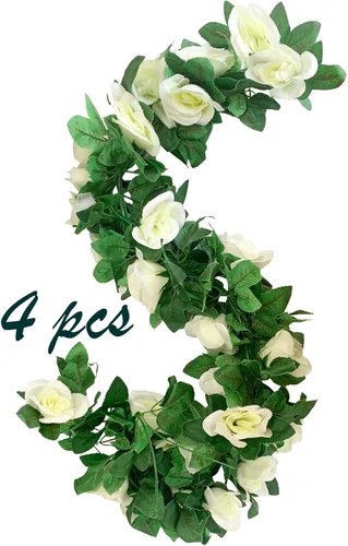 Vista 11 de Paquete de 2 guirnaldas de rosas artificiales de vid de rosas falsas, plantas y vides, decoración de hojas florales para decoración de bodas