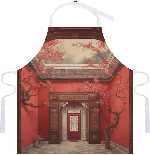 Vista 7 de MUSM Apron for Adults - 27.6 X 31.5 Inch, Heavy-Duty Polyester Aprons with Two Large Pockets, Waterproof Red Oriental Painting Kitchen Apron for