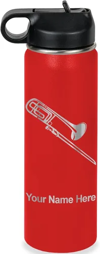 Vista 31 de LaserGram Botella de agua personalizada, trombón, acero inoxidable de doble pared aislada al vacío con popote superior, regalo grabado personalizado
