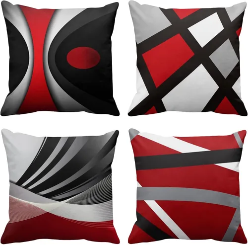 Vista 7 de Emvency Juego de 4 fundas de almohada negras modernas abstractas de rayas grises grises grises y blancas de acrílico llamativo, fundas de almohada