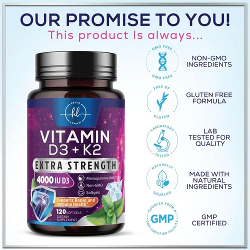 Vista 4 de Vitamina D con K2 (MK-7) – Vitamina D3 4000IU (125 mcg) por porción – Suplemento complejo D3K2 para huesos, dientes, músculos, absorción de calcio
