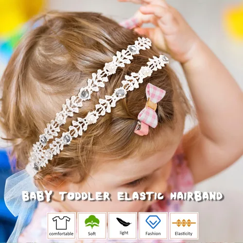 Vista 4 de DANMY Diadema súper elástica para bebé,Banda de pelo de encaje de algodón para niños,Conjunto de accesorios para el cabello de turbante suave