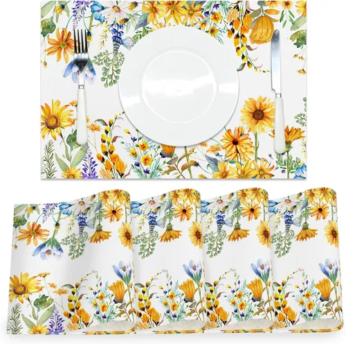 Vista 18 de AOFOTO Juego de 4 manteles individuales con estampado de flores silvestres coloridas, manteles individuales artísticos rectangulares modernos