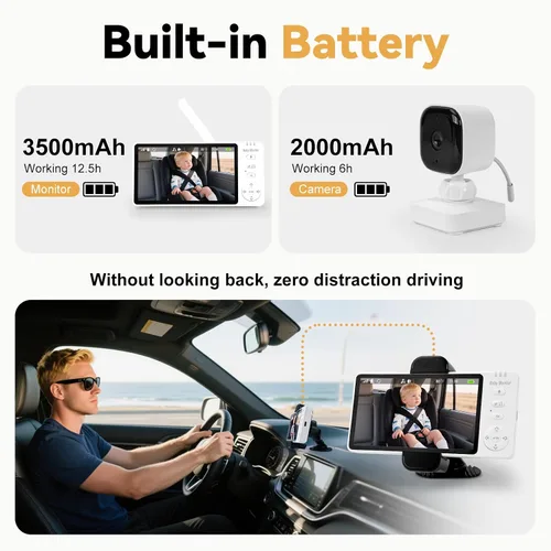 Vista 2 de Cámara Inalámbrica para Coche de Bebé 2000mAh Monitor 3500mAh Encendido/Apagado Automático Monitor de Cámara de Bebé para Coche Sin Wifi - Espejo