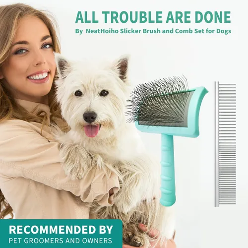 Vista 3 de Kit de cepillo grande y peine verde, cepillo extra largo para el cuidado del perro para cabello rizado, elimina el pelo largo y suelto y la capa