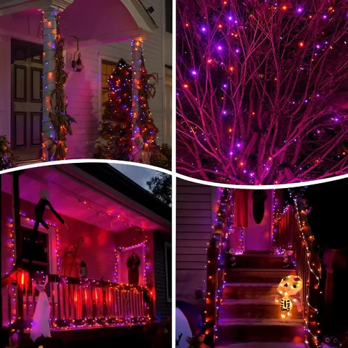 Vista 8 de weillsnow Luces de Halloween Moradas y Naranjas, 200 LED 66 Pies con Enchufe Luces de Cadena de Halloween Impermeables, 8 Modos con Memoria
