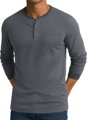 Vista 19 de CRYSULLY Camisa de manga larga para hombre, de algodón, con bolsillo de 3 botones, camisetas casuales elegantes ligeras tipo pullover