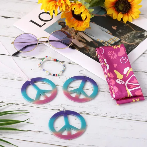 Vista 4 de Batiyeer 6 piezas de accesorios hippie para mujer, aretes bohemios con signo de la paz de los años 60 y 70, trajes para mujer, recuerdo de fiesta