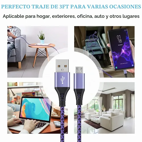 Vista 6 de Cable micro USB, [4 unidades/3 pies] USB Android macho a micro B cable de carga rápido Quick Charging Speed Data Wire Nylon Colored Braided