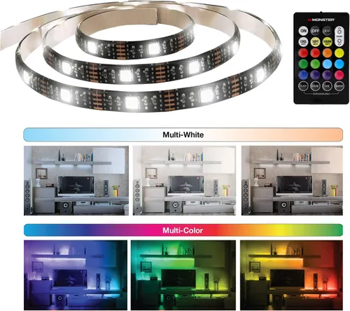 Vista 5 de Monster - Paquete de 2 tiras de luz LED multicolor y multicolor de 6.5 pies, personalizables, despegar e instalar, flexible, ambiente mejorado