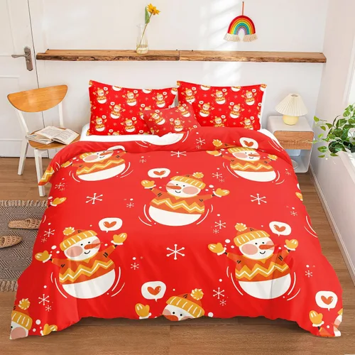 Vista 48 de Juego de ropa de cama de Navidad con funda de edredón de copos de nieve, color blanco y rojo, con estampado navideño, juego de ropa de cama festiva