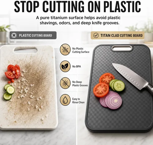 Vista 3 de Tabla de cortar de titanio para cocina, tabla de cortar de doble cara de grado alimenticio, titanio puro y paja de trigo PP, resistente a