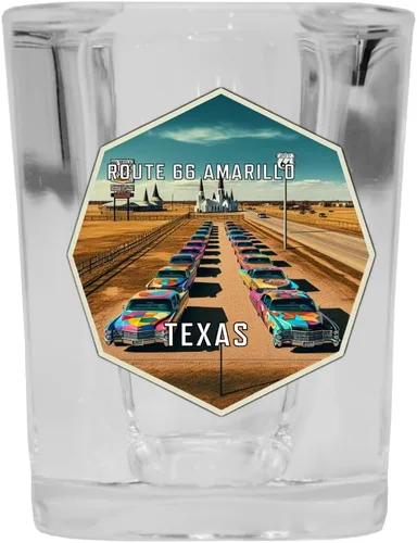 Vista 2 de Route 66 Amarillo Texas Travel Destination Souvenir - Vaso de chupito cuadrado de 2 onzas, base azul, paquete de 2