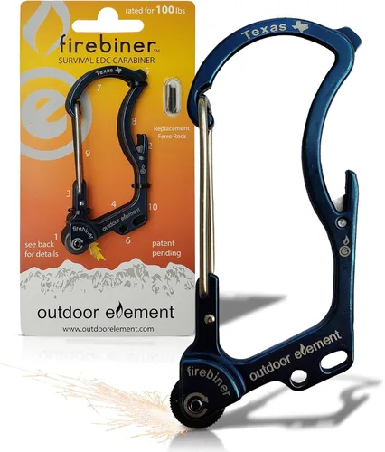 Vista 30 de OUTDOOR ELEMENT Firebiner Custom Engraved 6-in-1 Fire Starter Carabiner Multitool – Survival Gear EDC Keychain with Utility Blade, Bottle Opener