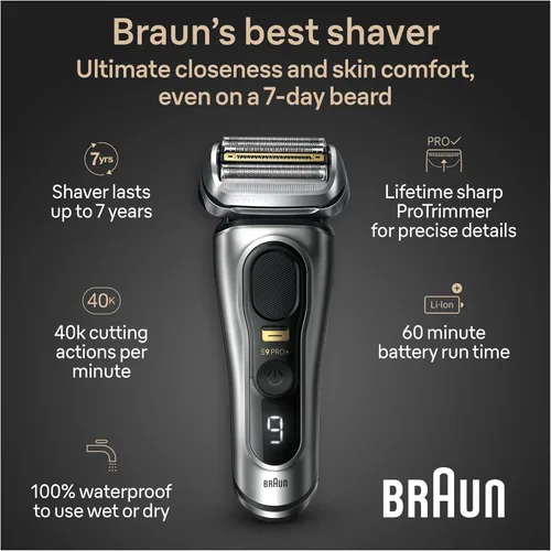 Vista 2 de Braun Series 9 9517s PRO+ Afeitadora eléctrica para hombres, 5 elementos de afeitado Pro y ProTrimmer de precisión para cabello largo, soporte