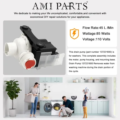 Vista 6 de AMI PARTS 137221600 Bomba de drenaje para lavadora Kenmore Frigidaire – Reemplaza AP5684706 PS7783938 AP5684706 131724000 134051200 134740500