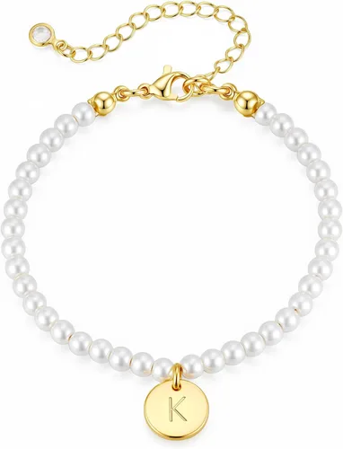 Vista 17 de Ursteel Pulsera de Perlas con Inicial para Mujer - Delicada Pulsera de Cuentas de Perlas con Letra Chapada en Oro de 14 Quilates para Mujer