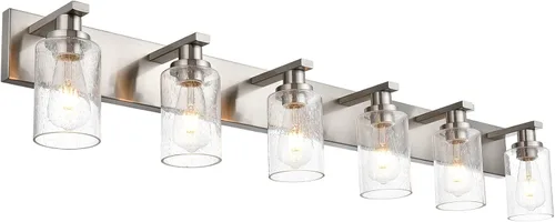 Vista 6 de Luces de tocador de baño de 3 luces sobre espejo en acabado negro, iluminación de pared de baño con vidrio cilíndrico sembrado