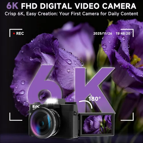 Vista 2 de Cámara digital 6K para fotografía con enfoque automático, cámara de videoblogs WiFi de 64 megapíxeles para YouTube con pantalla giratoria de 3